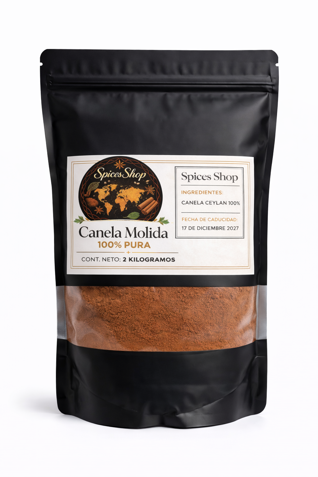 Bolsa de 1 kilogramo de canela Ceylan pura molida con ramas de canela